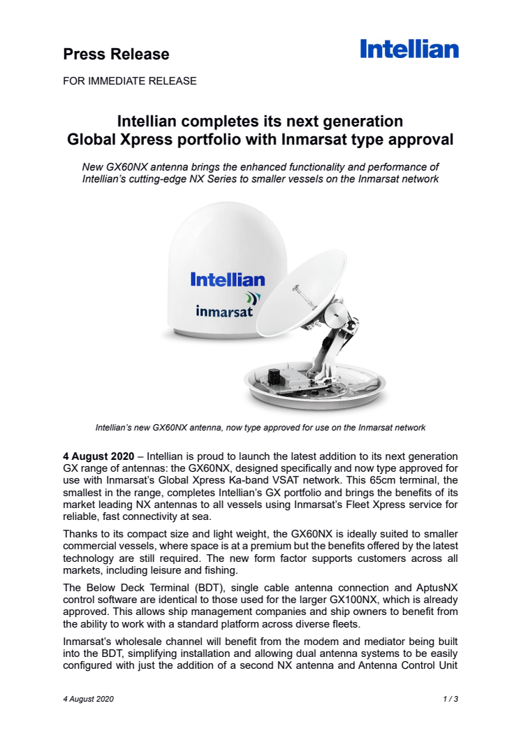 Intellian completes its next generation Global Xpress portfolio with Inmarsat type approval