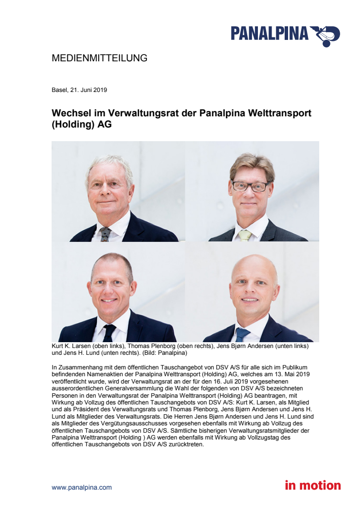 Wechsel im Verwaltungsrat der Panalpina Welttransport (Holding) AG