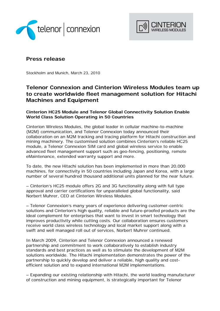 Telenor Connexion and Cinterion Wireless Modules Team Up to Create Worldwide Fleet Management Solution for Hitachi Construction Machinery’s Global e-Service