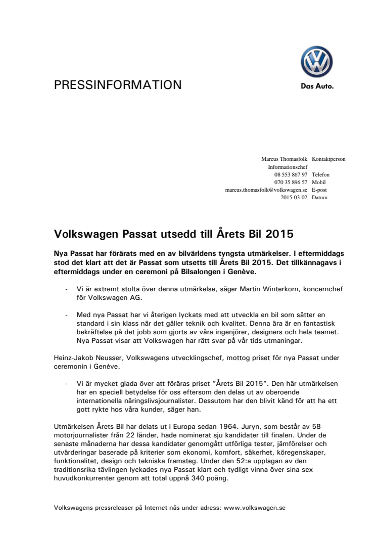 Volkswagen Passat utsedd till Årets Bil 2015