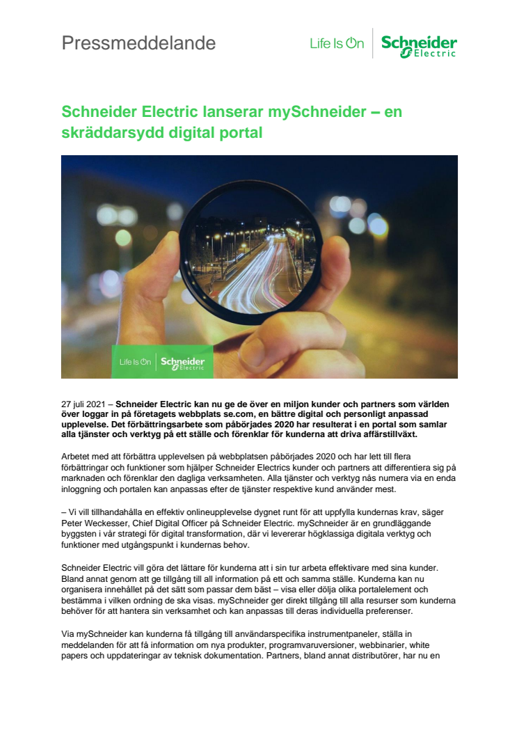 Schneider Electric lanserar mySchneider – en skräddarsydd digital portal