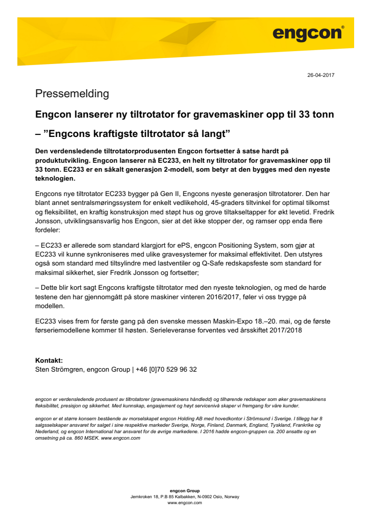 Engcon lanserer ny tiltrotator for gravemaskiner opp til 33 tonn – ”Engcons kraftigste tiltrotator så langt”