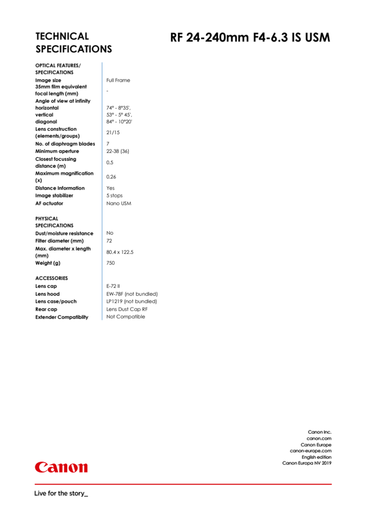 Canon Tekniska specifikationer RF 24-240mm F4-6.3 IS USM 