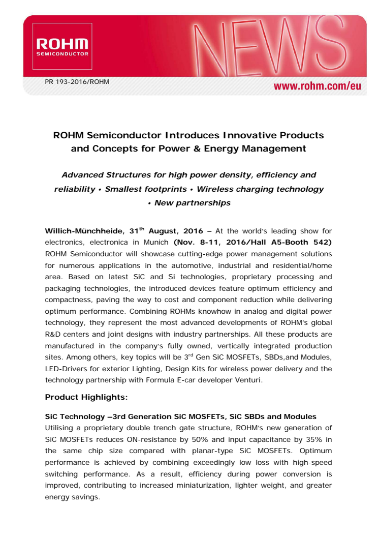 ROHM Semiconductor Introduces Innovative Products and Concepts for Power & Energy Management 