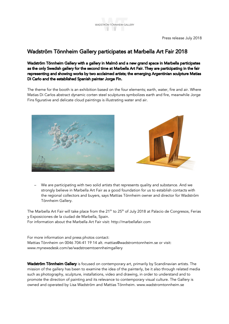 Wadström Tönnheim Gallery participates at Marbella Art Fair 2018