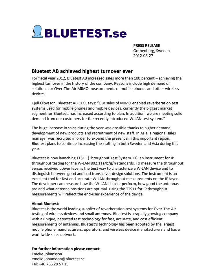 Bluetest AB achieved highest turnover ever