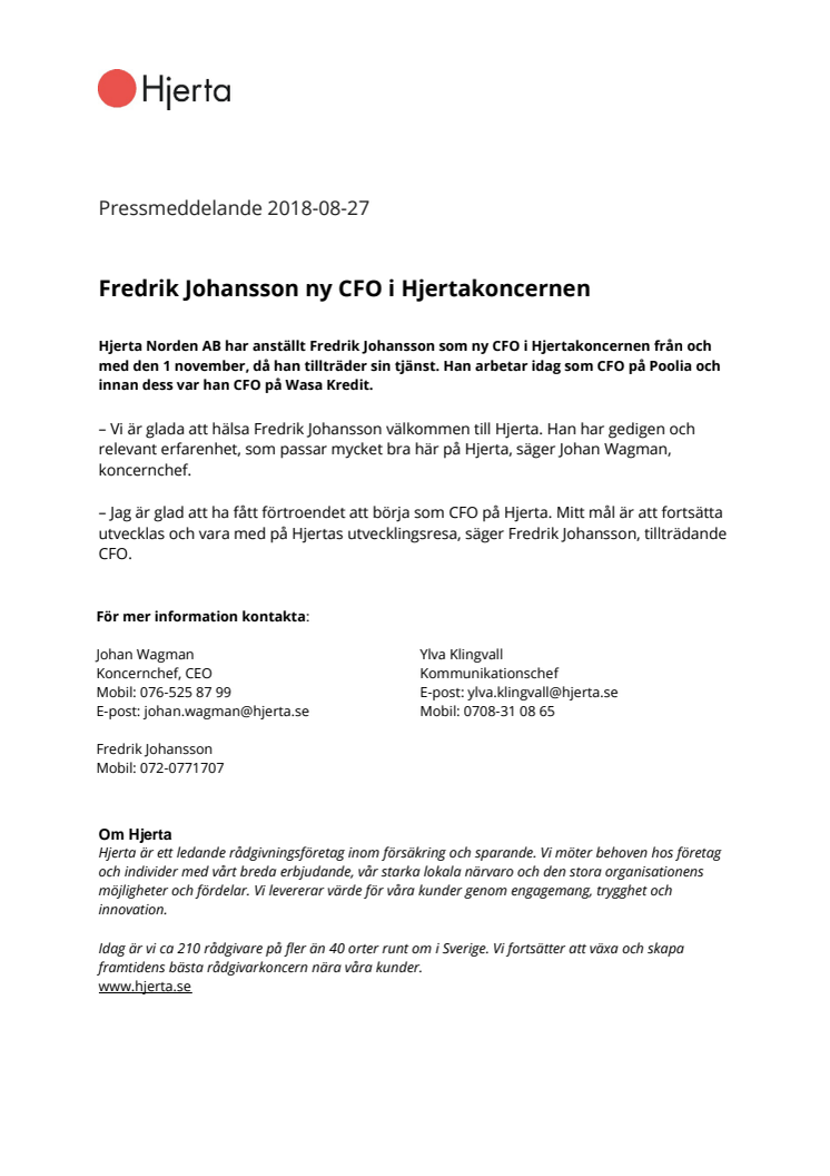 Fredrik Johansson ny CFO i Hjertakoncernen