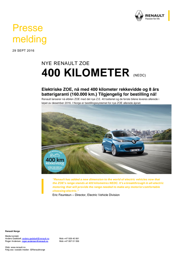 Nye Renault Zoe med 400 km rekkevidde (NEDC)