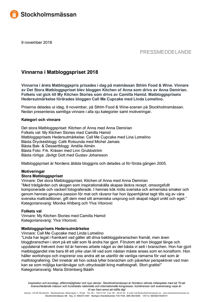 Vinnarna i Matbloggspriset 2018