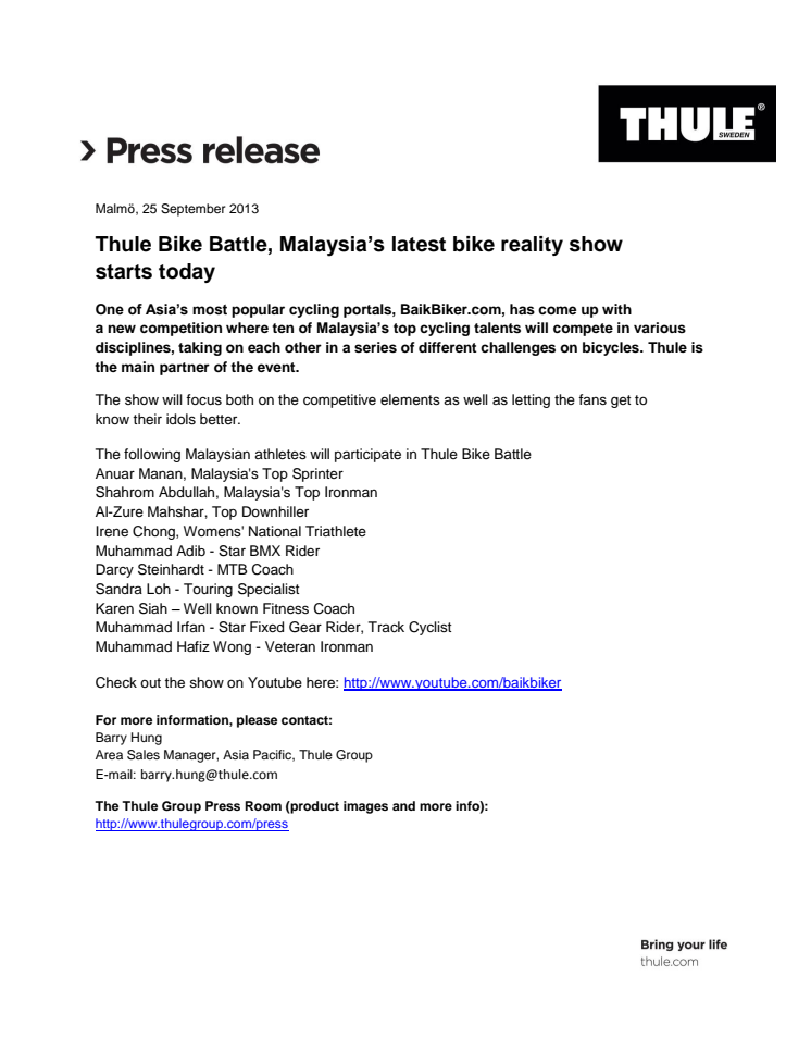 Thule Bike Battle, Malaysia’s latest bike reality show  starts today