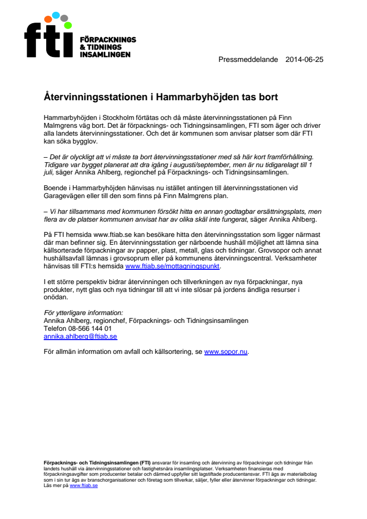 Återvinningsstationen i Hammarbyhöjden tas bort