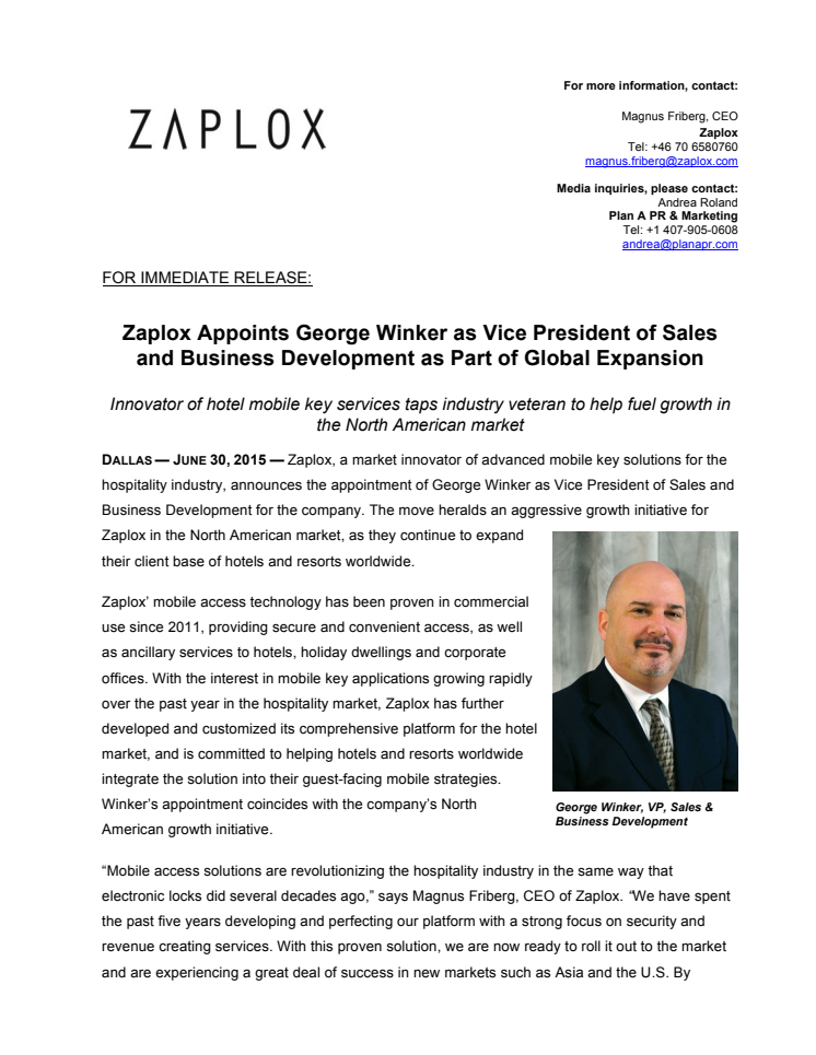 Innovator of hotel mobile key services Zaplox taps industry veteran to help fuel growth in the North American market