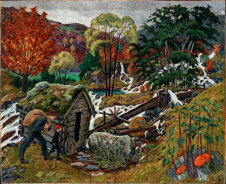 Nikolai Astrup; Kvennagongsvatten / Milling Weather, olje på plate, ca. 1902–1905