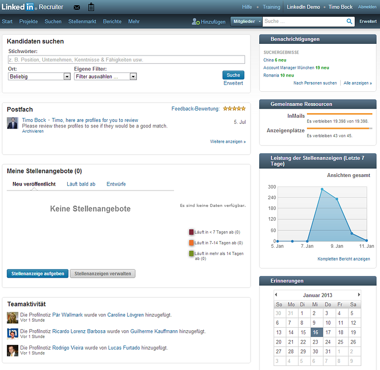 LinkedIn Recruiter: Startoberfläche