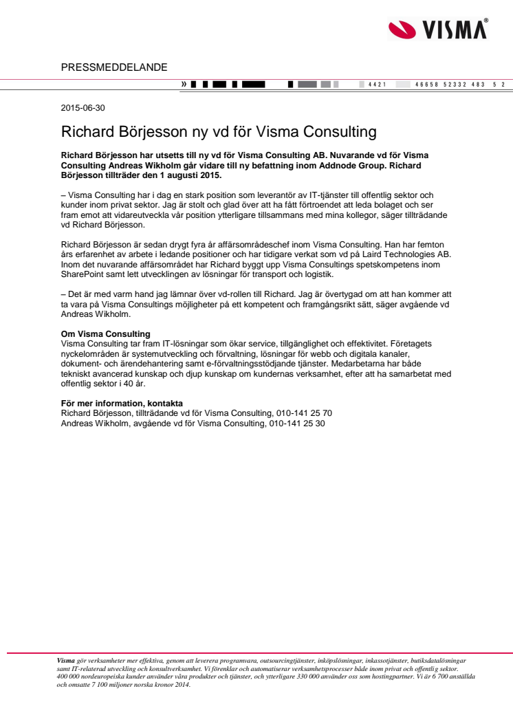 Richard Börjesson ny vd för Visma Consulting