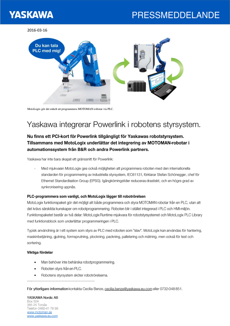 Yaskawa integrerar Powerlink i robotens styrsystem
