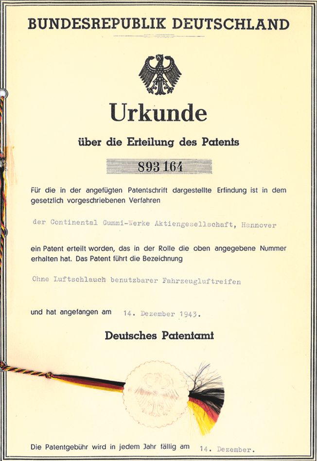 Continentals patent på slanglöst däck 1943