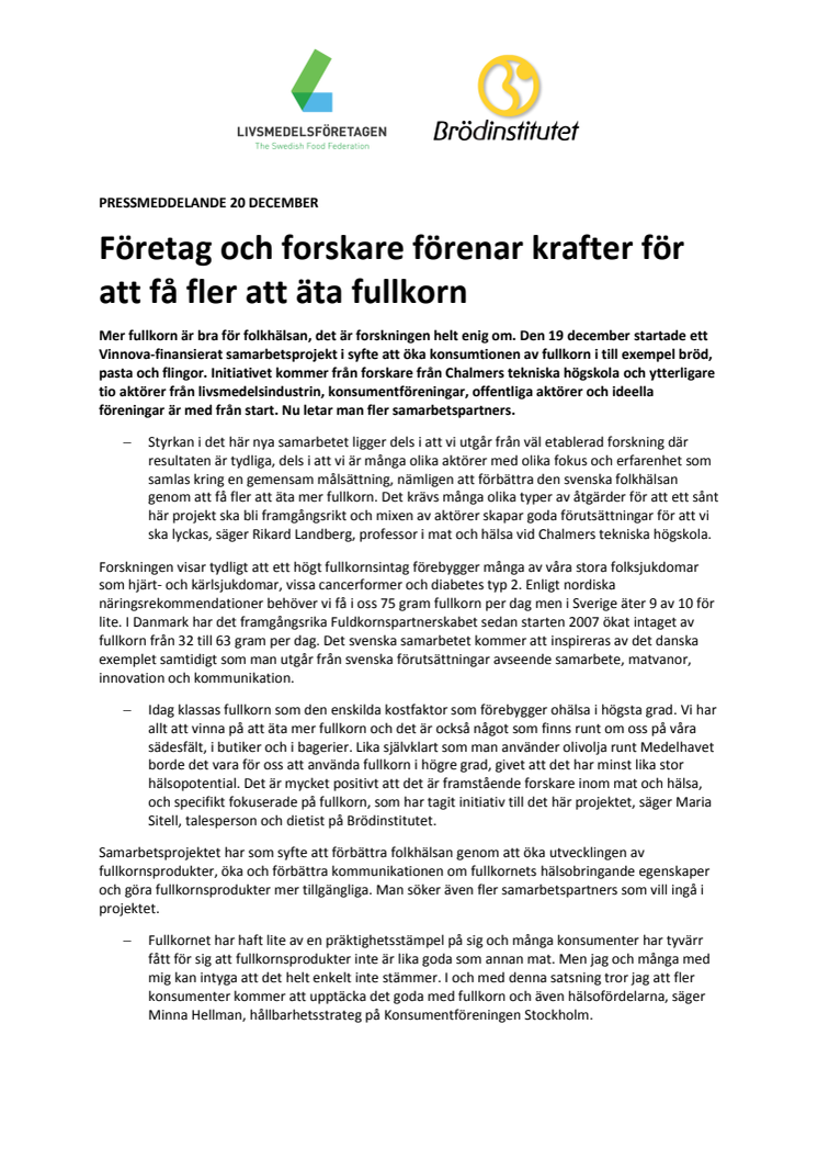 Företag och forskare förenar krafter för att få fler att äta fullkorn