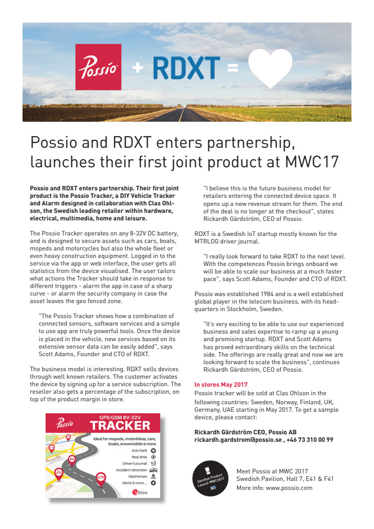 Possio and RDXT enters partnership, launches their first joint product at MWC 2017 