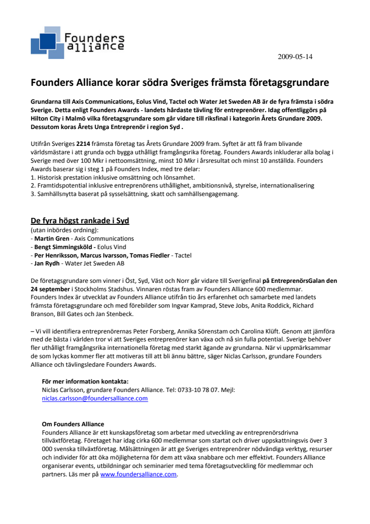 Founders Alliance korar södra Sveriges främsta företagsgrundare 