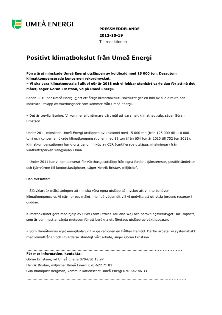 Positivt klimatbokslut från Umeå Energi