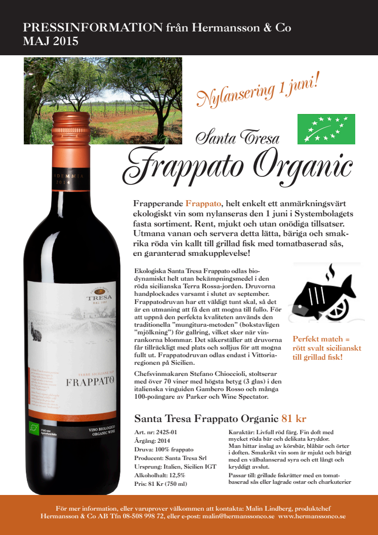 Nylansering 1 juni - Santa Tresa Frappato Organic