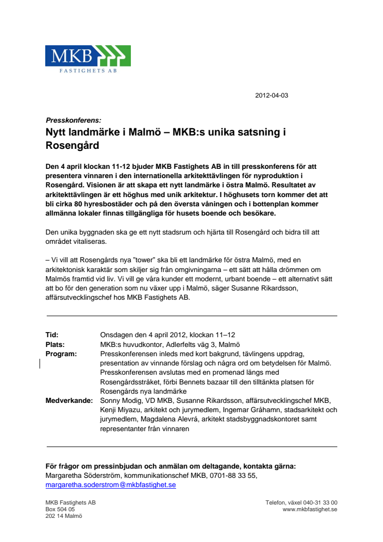 Inbjudan till presskonferens: Nytt landmärke i Malmö – MKB:s unika satsning i Rosengård