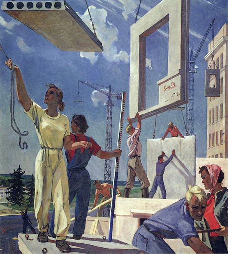 Välfärdselement. "Building Peace", skiss av Alexander Deineka för en mural på First National Art Exhibition of Soviet Russia, Moskva, 1960.