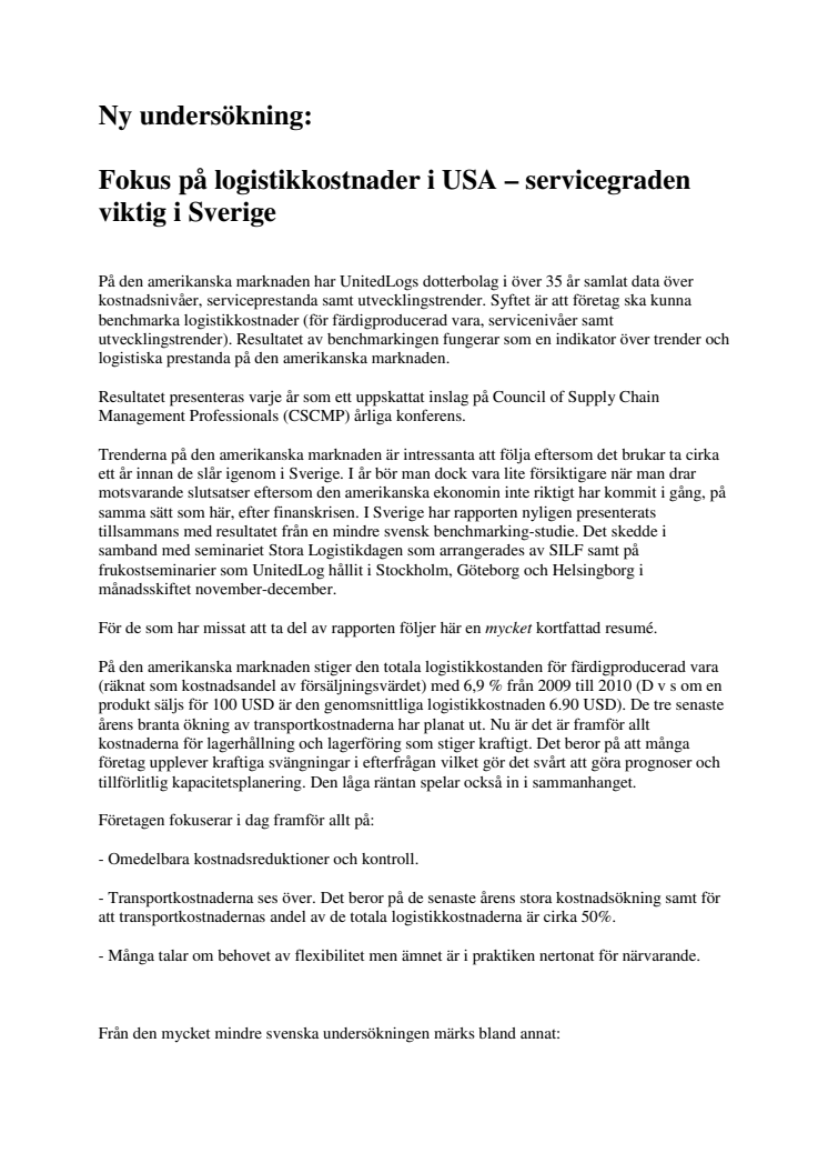 Årets logistik index publicerat: Fokus på logistikkostnader i USA – servicegraden viktig i Sverige