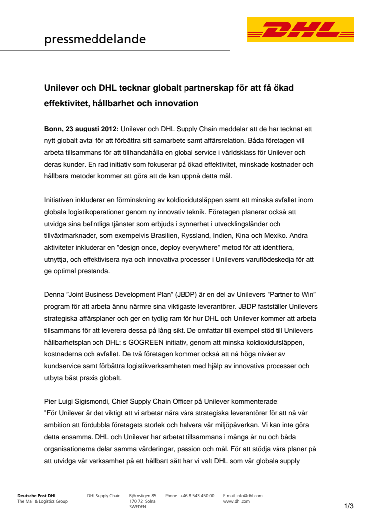 Unilever och DHL tecknar globalt partnerskap för att få ökad effektivitet, hållbarhet och innovation