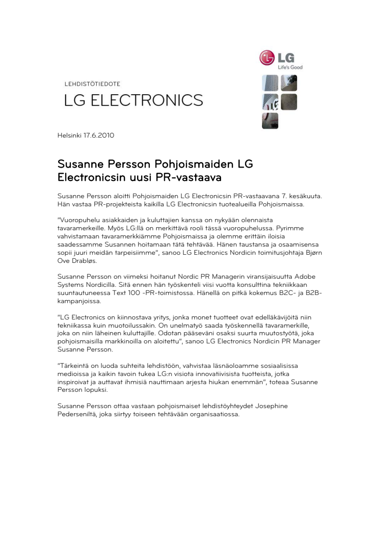 Susanne Persson Pohjoismaiden LG Electronicsin uusi PR-vastaava