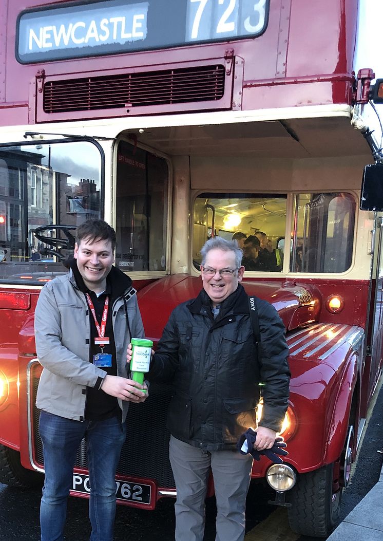 Go North East Managing Director Martijn Gilbert with Gateshead Foodbank volunteer Ian Britton