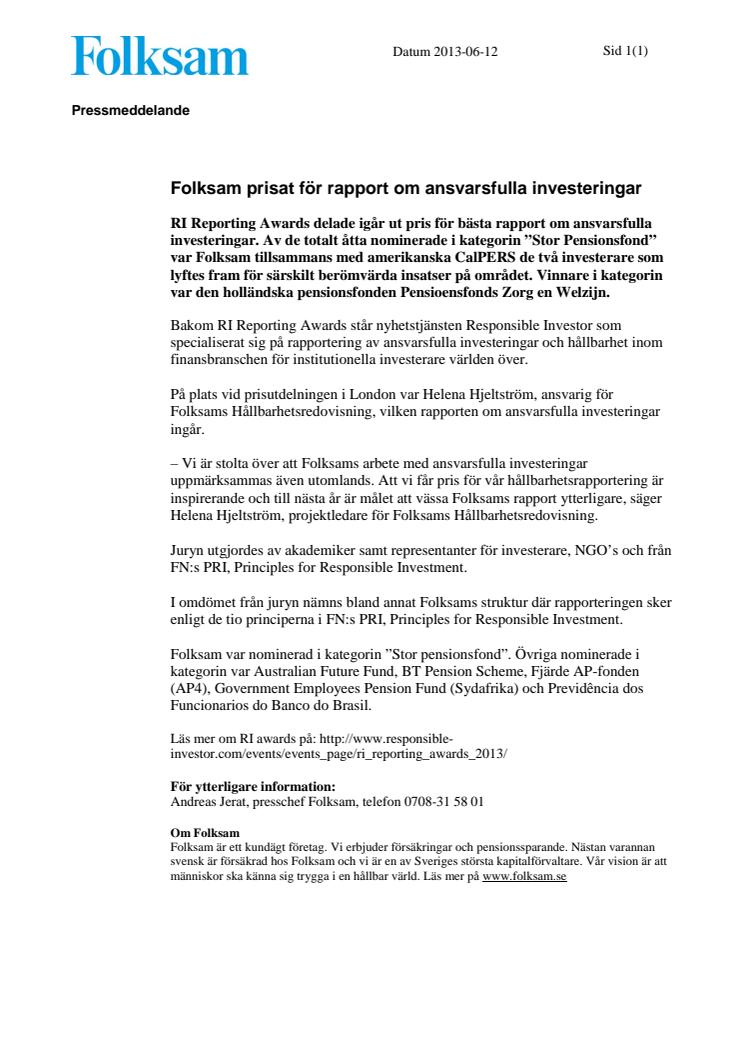 Folksam prisat för rapport om ansvarsfulla investeringar