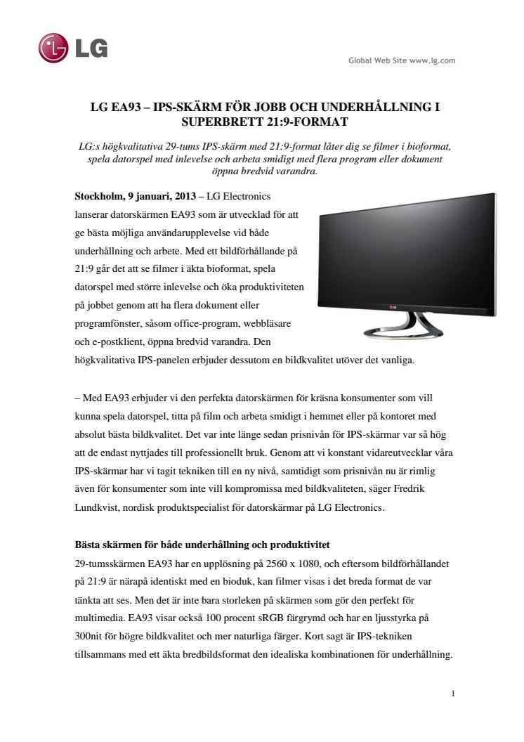 LG EA93 – IPS-SKÄRM FÖR JOBB OCH UNDERHÅLLNING I SUPERBRETT 21:9-FORMAT