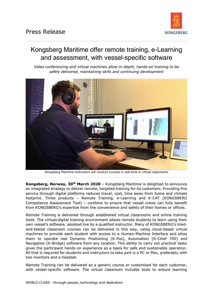 Kongsberg Maritime offer remote training, e-Learning and assessment, with vessel-specific software