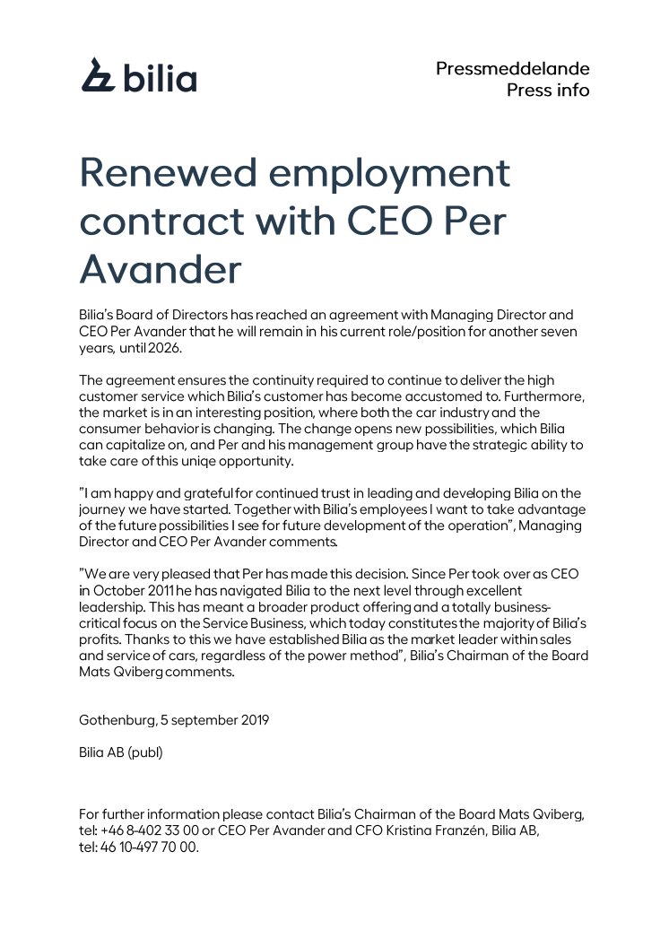Renewed employment contract with CEO Per Avander