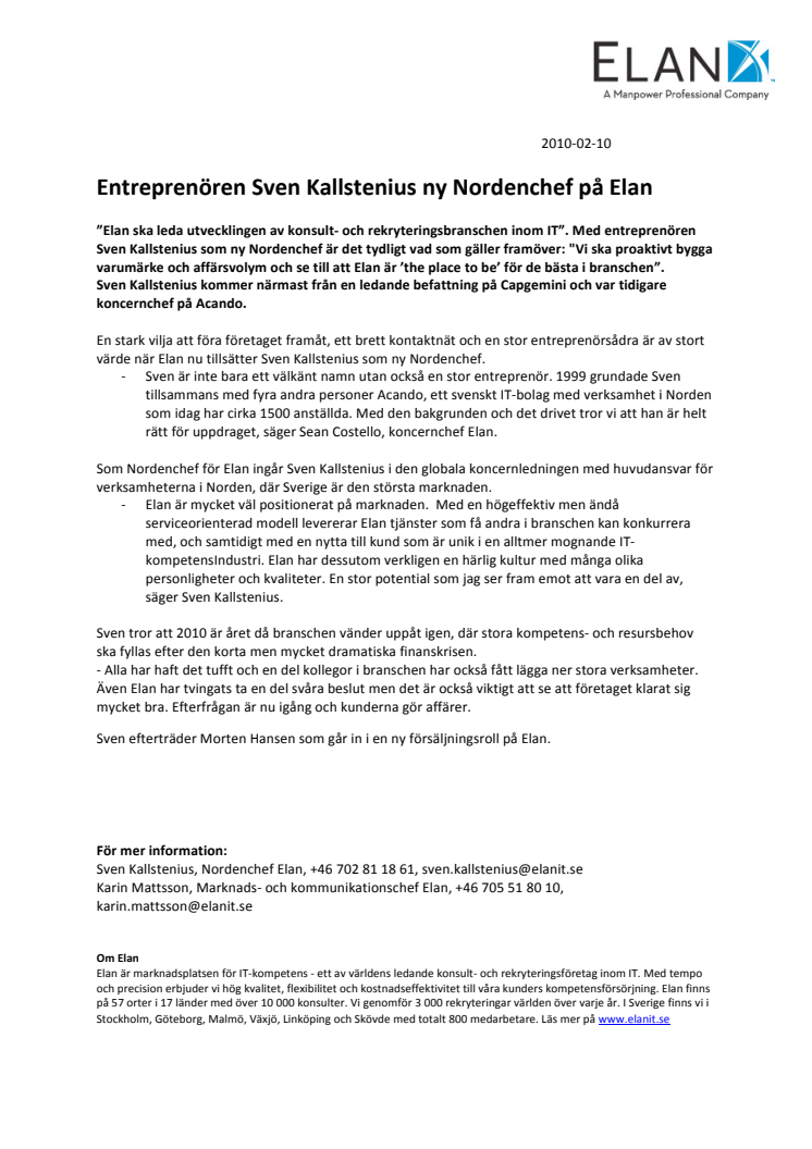 Entreprenören Sven Kallstenius ny Nordenchef på Elan