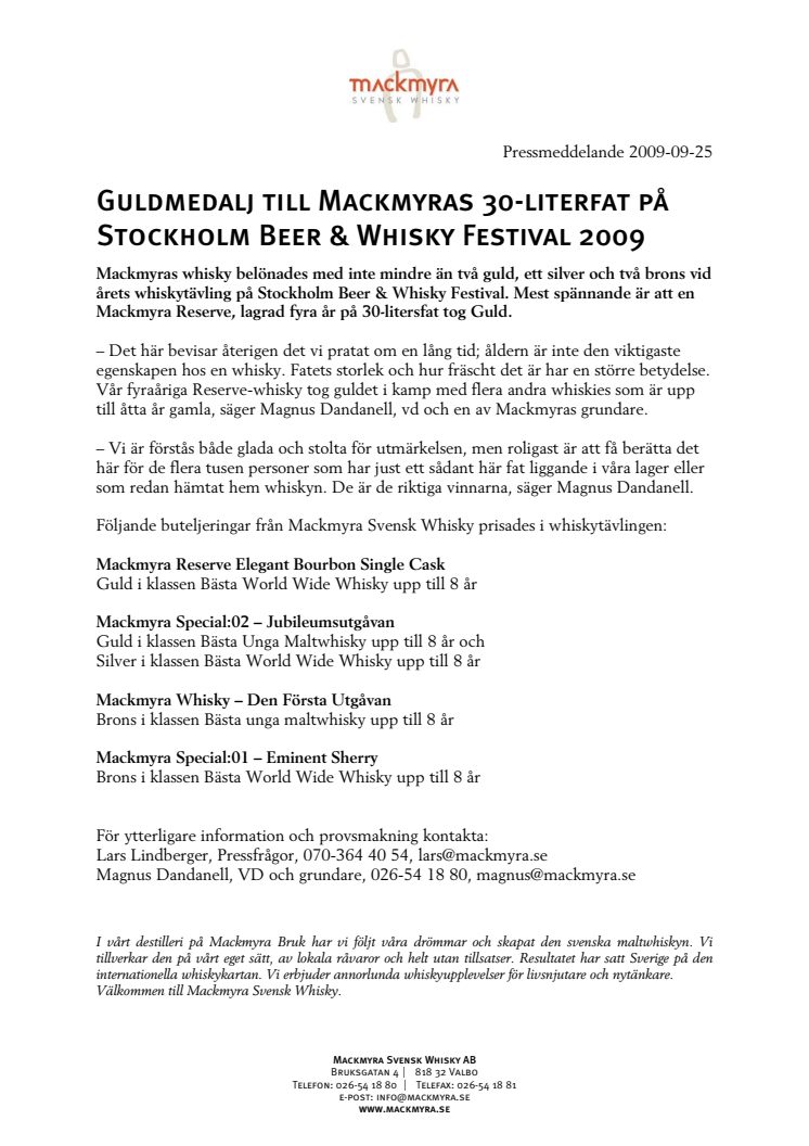 Guldmedalj till Mackmyras 30-literfat på Stockholm Beer & Whisky Festival 2009
