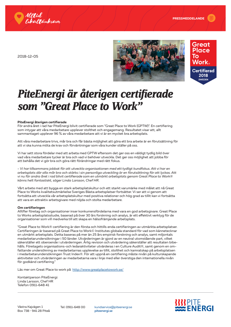 PiteEnergi är återigen certifierade som "Great Place to Work"