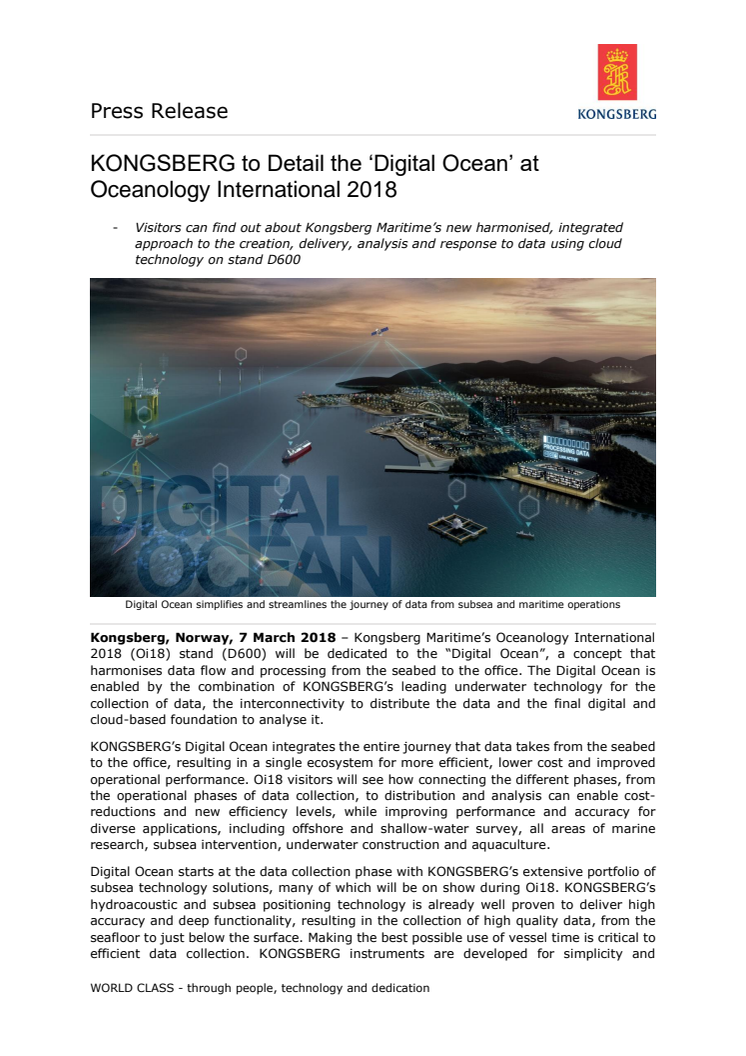 Kongsberg Maritime: KONGSBERG to Detail the ‘Digital Ocean’ at Oceanology International 2018