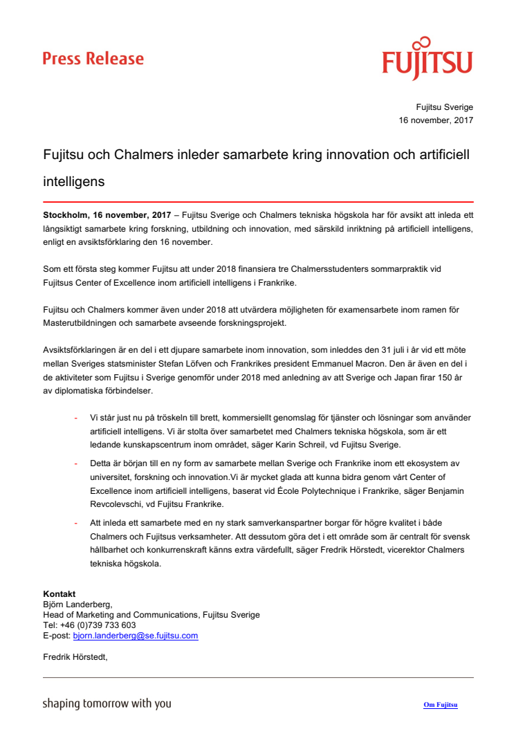 Fujitsu och Chalmers inleder samarbete kring innovation och artificiell intelligens 