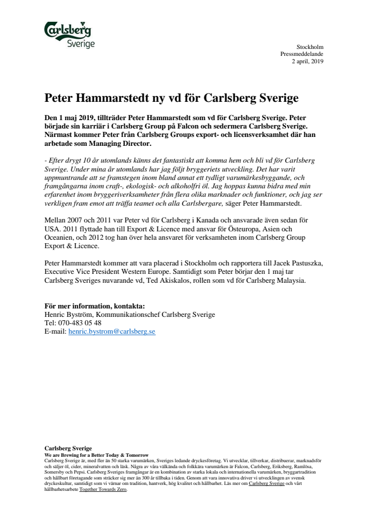 Peter Hammarstedt ny vd för Carlsberg Sverige