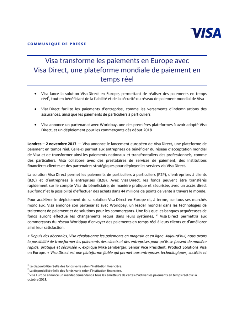Visa transforme les paiements en Europe avec Visa Direct, une plateforme mondiale de paiement en temps réel 