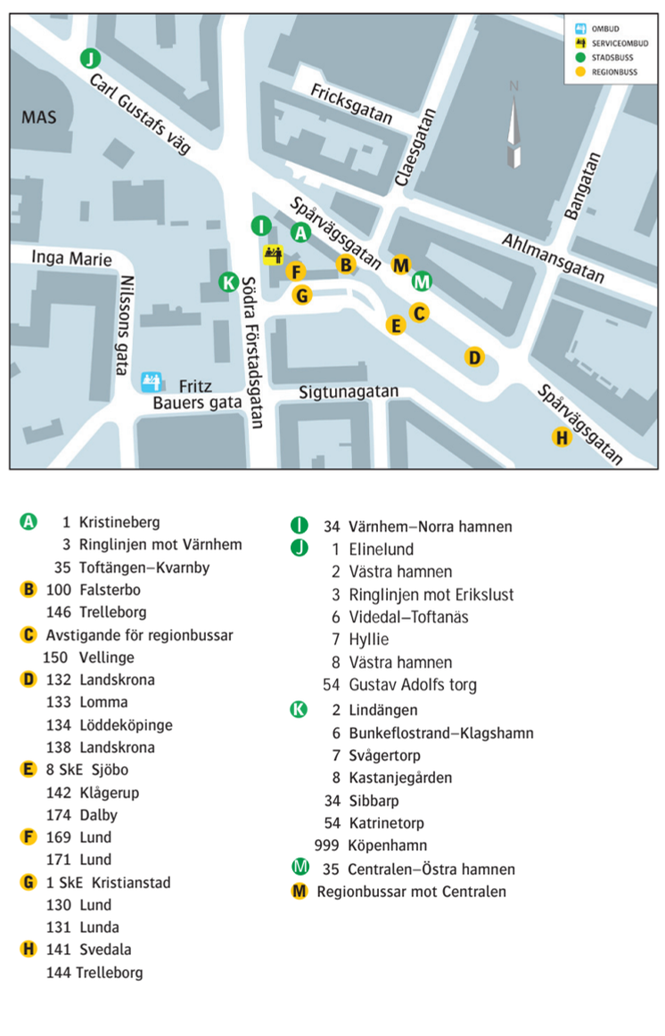 Karta med busstrafik på Södervärn