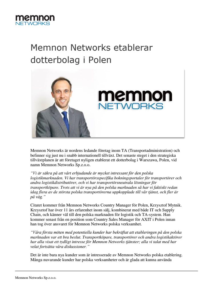 Memnon Networks etablerar dotterbolag i Polen