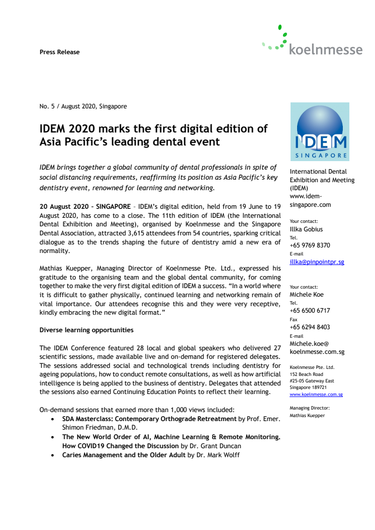 IDEM 2020 marks the first digital edition of Asia Pacific’s leading dental event