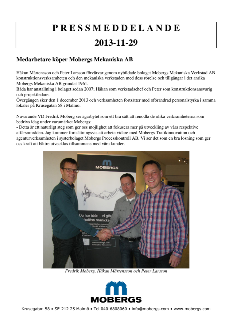 Medarbetare köper Mobergs Mekaniska AB