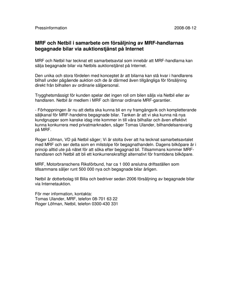 MRF och Netbil i samarbete om försäljning av MRF-handlarnas begagnade bilar via auktionstjänst på Internet