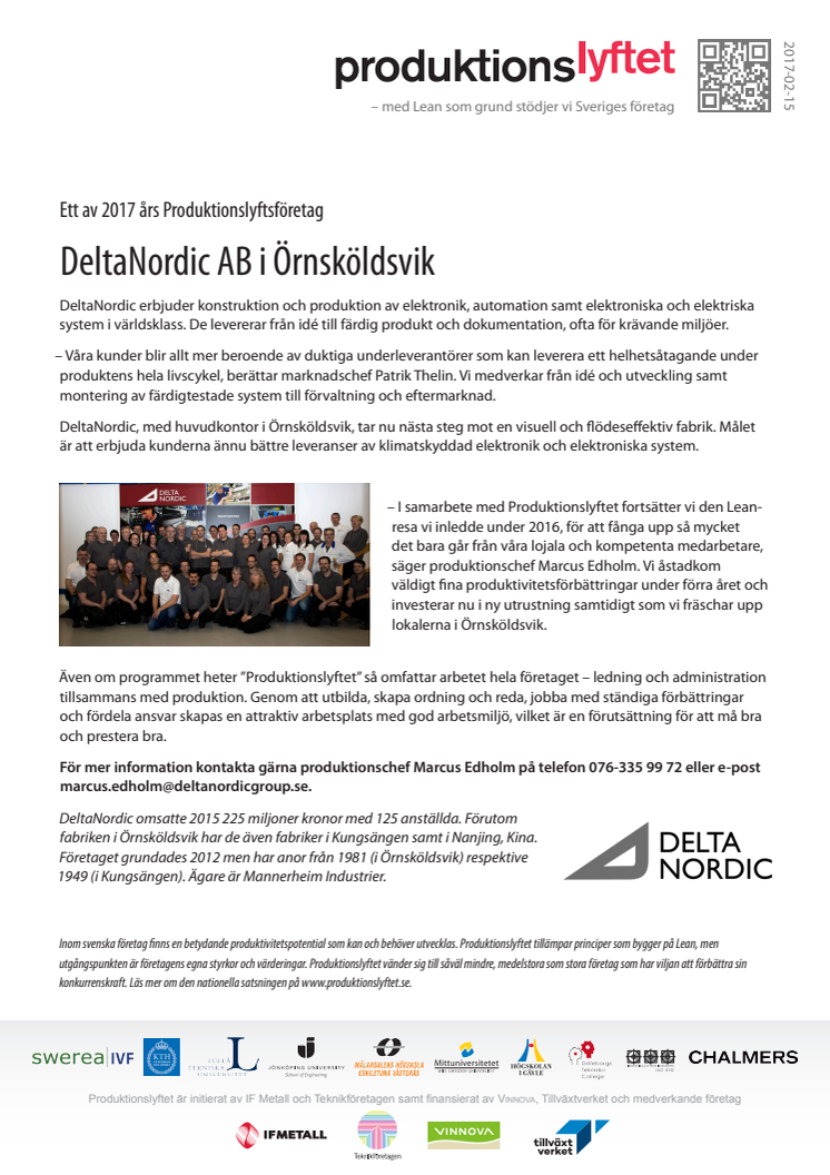 Pressrelease: DeltaNordic deltar i Produktionslyftet