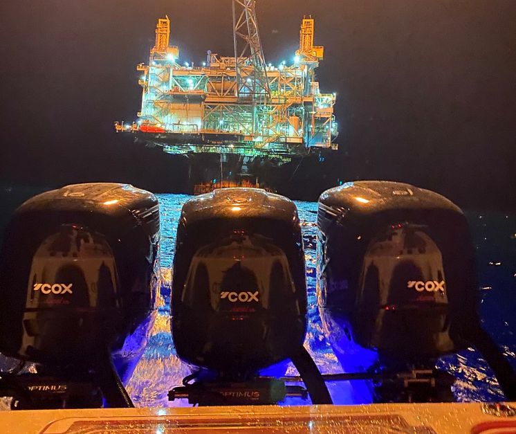 Cox Marine - Distributor Texas Diesel Outboard out on 'Justified' with triple Cox installation at night near the oil rigs.crop.